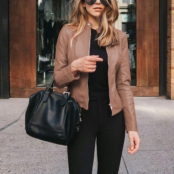 

women's jackets women faux leather autumn zipper jacket slim office lady short pu winter coat long sleeve streetwear black 2021, Black;brown