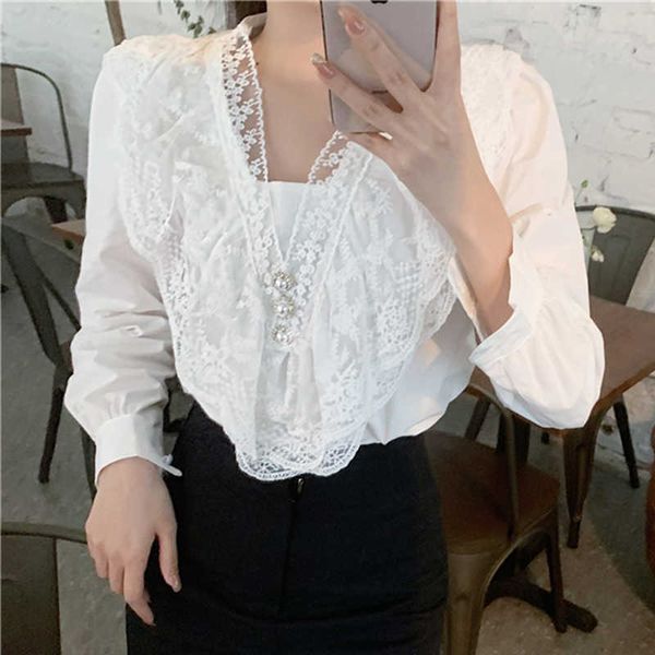 Vinatge algodão branco blusa mulheres crochê lace camisa manga longa tops feminino casual senhoras escritório camisas blusas13299 210527