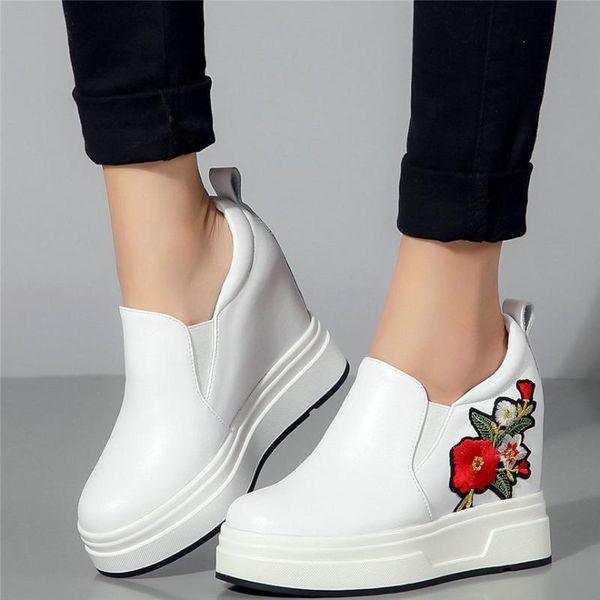 

dress shoes punk trainers women genuine leather wedges high heel platform party pumps female round toe fashion sneakers casual, Black