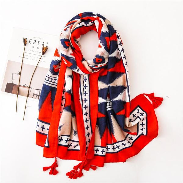 

scarves red and blue fashion diamond geometry cotton linen printing scarf tassel long shawl seaside holiday, Blue;gray