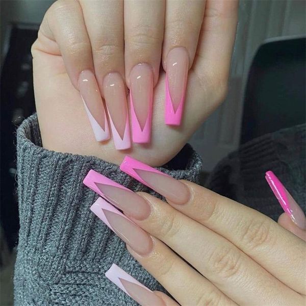 

false nails mixed ombre pink color french coffin long press on nude fake w018, Red;gold