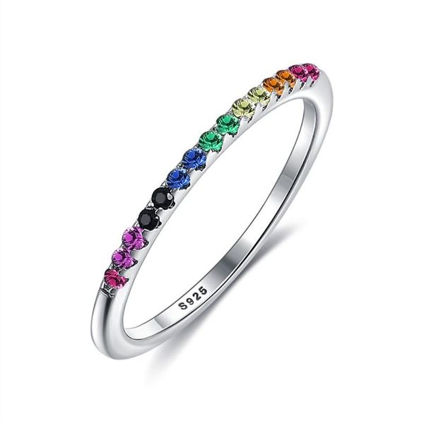 

cluster rings 925 sterling silver colorful rainbow zircon stackbale for women engagement wedding band dazzling cz stone anillos jewelry, Golden;silver