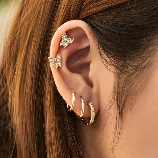 

hoop & huggie 5 pcs fashion elegant crystal butterfly clip earrings for women sweet statement circle party jewelry gifts, Golden;silver