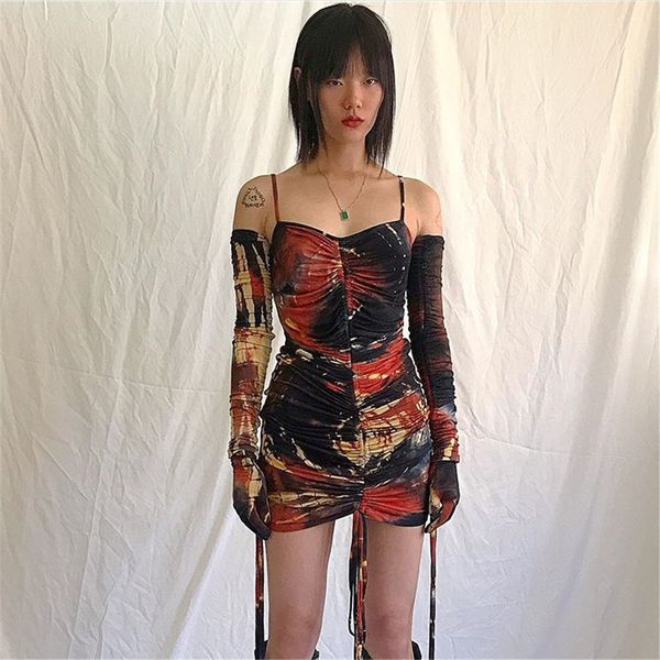 

halloween tie dye dress 2021 new arrivals ruched mini straplesss long sleeve bodycon vestidos drop shipping, Black;gray