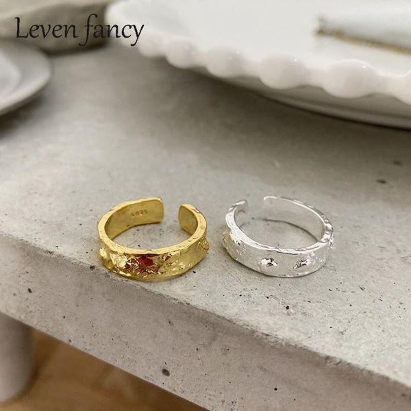 

cluster rings s925 sterling silver ring irregular surface gold foil wide female open handmade unique for women and girls, Golden;silver