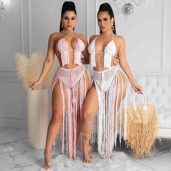 

knitted two piece set swimwear women crop and tassel long skirts sets summer beach vacation party club outfits, Gray