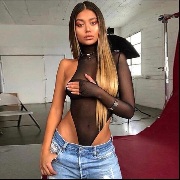 

black mesh bodysuit with gloves one shoulder backless sheer rompers womens jumpsuit long sleeve party club see through, Black;white