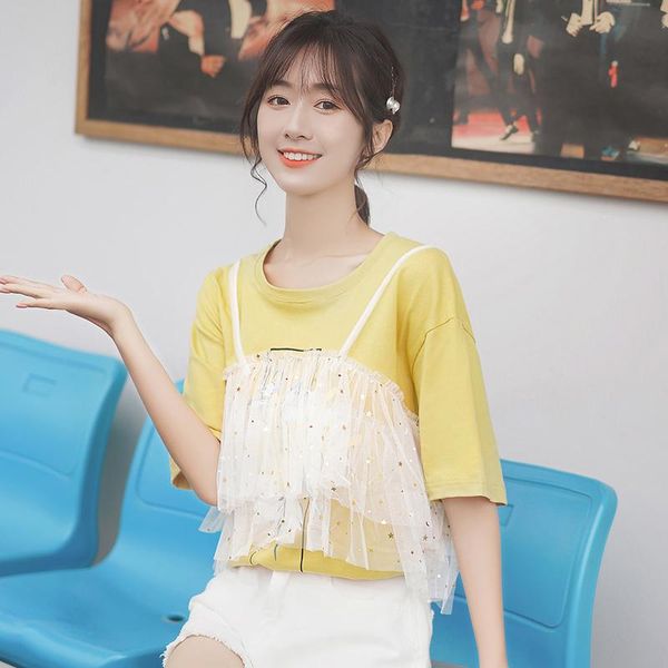 

women's t-shirt slim khaki 2021 trendy design sense stitching fake two-piece suspender mesh short-sleeved shirt student, White