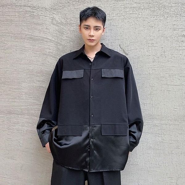 

men's casual shirts men korean streetwear fashion harajuku dress satins splice long sleeve loose shirt male oversize blouse, White;black