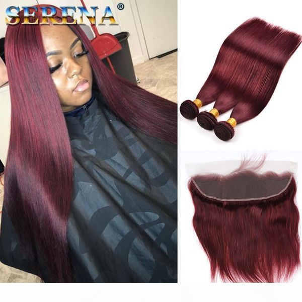 

#99j wine red 3 bundles peruvian hair with lace frontal 13x4 ear to ear silky straight burgundy weaves with full lace frontal closure, Black;brown