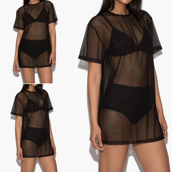 

women's swimwear style cover-ups summer beach mesh bikini wear cover up short see through sleeve loose fashion 2021, White;black