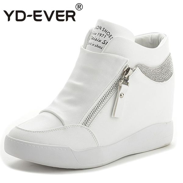 

yd-ever leather women casual shoes platform wedge shoes height increasing zipper sneakers black white diamond shiny