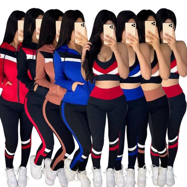 

women tracksuit long sleeve hooded coat jacket patchwork color vest tank crop pants casual sportwear three pieces outfits 21021801, White