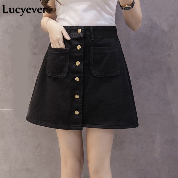 Lucyever Denim Kadınlar Mini Etek Yaz Vintage Yüksek Bel Kore Tek Düğme Cepler Mavi Kot A-Line Bayanlar Saia Jupe Femme 210309