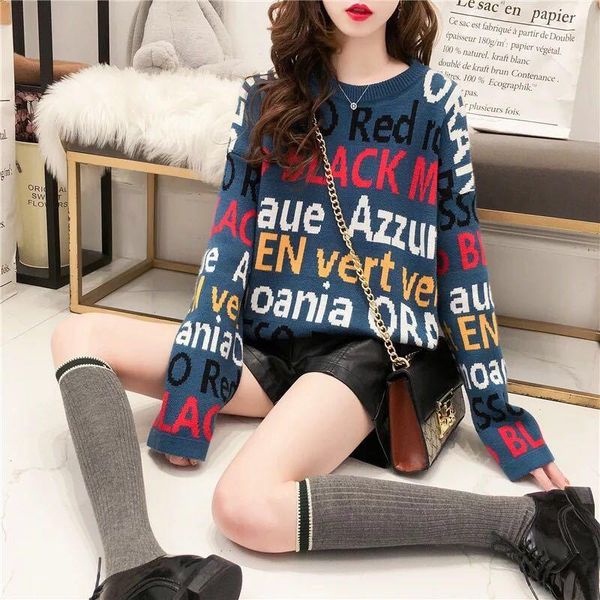 

women's sweaters timis li candy coulor letter sweater women harajuku o-neck pullover long sleeve loose knitted oversize soft outwear, White;black