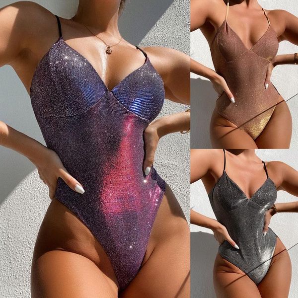 

2021 new shiny swimsuit women one piece bathing suit v neck swimwear beachwear monokini bodysuit maillot de bain