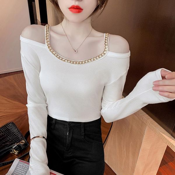 

spring off shoulder t shirt women 2021 chain t-shirt korean woman clothes slim tshirt female long sleeve autumn, White