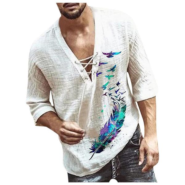 

men's t-shirts feather printed t shirt for men v-neck lace up half sleeve tshirt cotton line casual tees camisetas hombre verano street, White;black