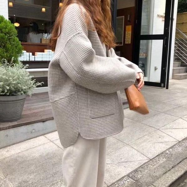 

new jackets autumn winter women loose oversized houndstooth drop shoulder outwear female short single button woolen plaid coat, Black