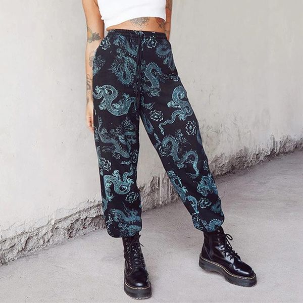 

women's pants & capris autumn dragon totem print long elastic waist drawstring pocket female pant streetwear casual loose ladies bottom, Black;white