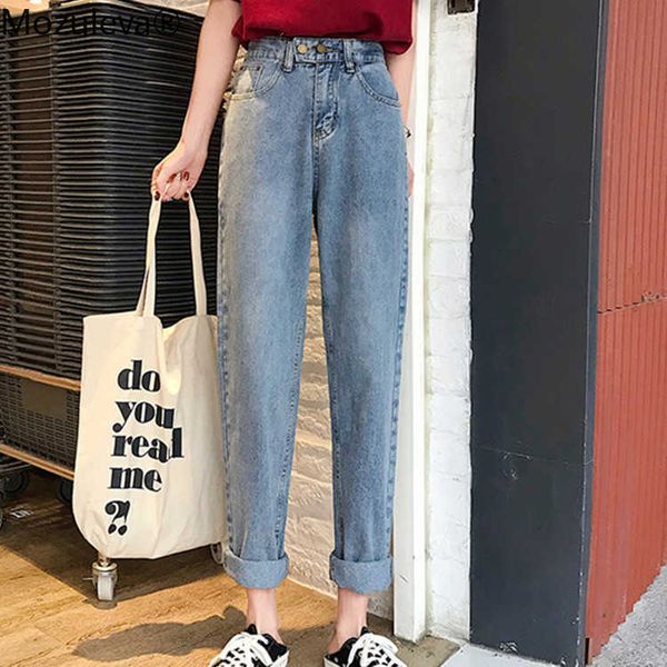 

mozuleva women jeans casual straight elastic waist trousers loose denim empire pockets wild pants spring summer 210706, Blue