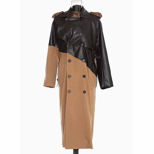 

women's trench coats seebeautiful pu stitching large size windbreaker double breasted belt overknee coat fashion spring 2021 women m067, Tan;black