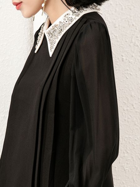 

french hepburn style dress autumn 2021new womens clothing lapel beaded puff sleeve straight black dress women, Black;gray