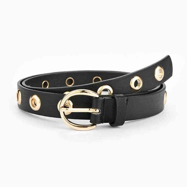 Moda Preto Branco Cinto Mulheres ilhós ilhó Gold Metal fivela de fivela fêmea PU couro fino cintura cintos para jeans strap g220301