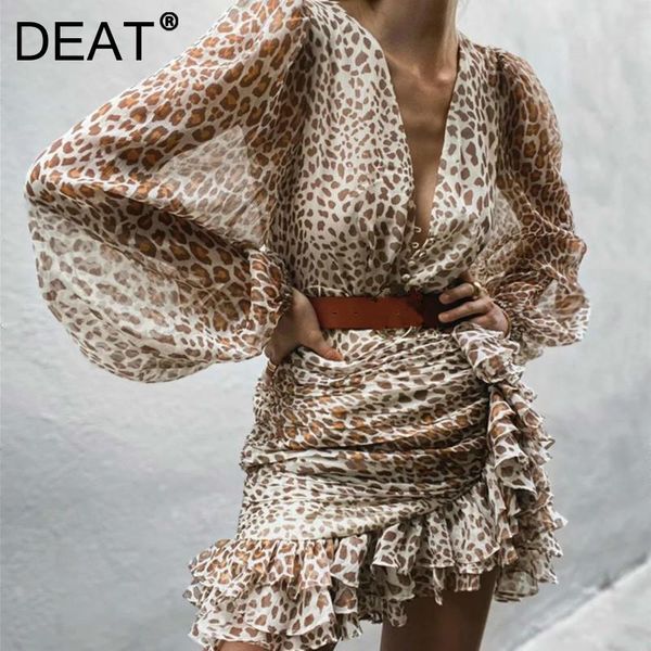 

casual dresses deat 2021 autumn women arrival fashion v-neck lantern long sleeve leopard ruffle decoration high waist dress rd748, Black;gray