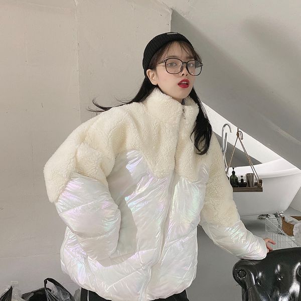 

2021 winter lambswool patckwork er jacket thick faux fur women bright coats short down padded girl outerwear cyka, Black
