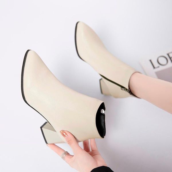 

2021 new fashion leather ankle boots women thick high heels zipper pointed toe autumn winter woman shoes square heel white black