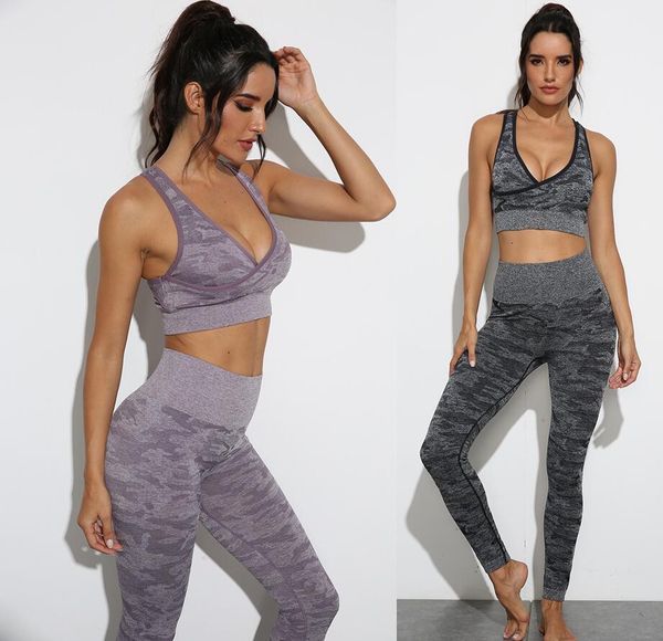 Tute Set da yoga di design T-shirt sexy con scollo a V Completi da yoga da donna Completi da palestra Abbigliamento sportivo Fitness 2 pezzi Reggiseno Allineamento Leggings pantaloni set da allenamento pile tecnico Attivo