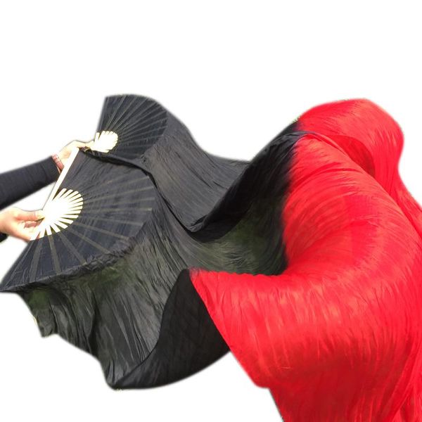 

2021 new women 1 pair 1.8m long belly dance 100% silk fan veil black/ red