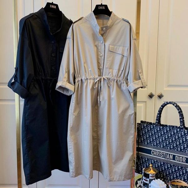 

casual dresses autumn women cotton drawstring waist loose dress with pocket spring stand colar clothes boy friend style, Black;gray
