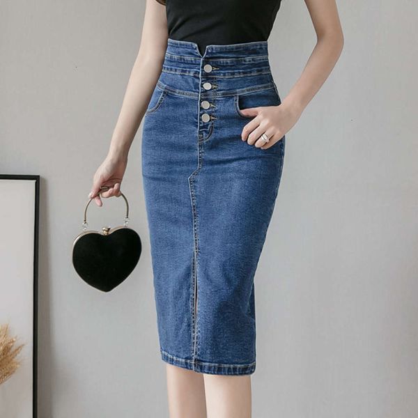 

hip hop spring ultra high women's waist denim split 2021 skirt new slim mid length dress k, Blue