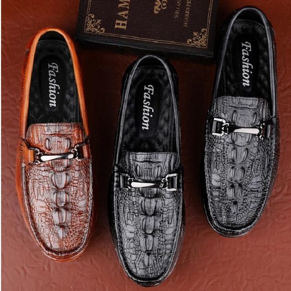 

new sell crocodile pattern genuine leather loafers shoes mens luxury slip on moccasins casual driving shoe men boat da45, Black