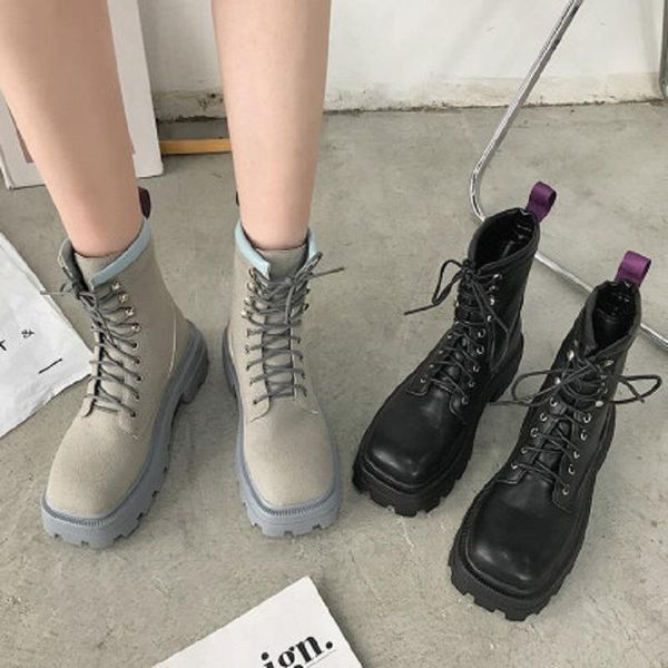 

boots ladies matte surface thick-soled fashion autumn and winter lace-up punk square toe, Black