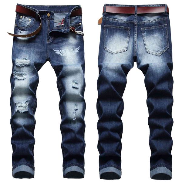 

jeans fashion street high trendy men's cat must be worn out and, Blue