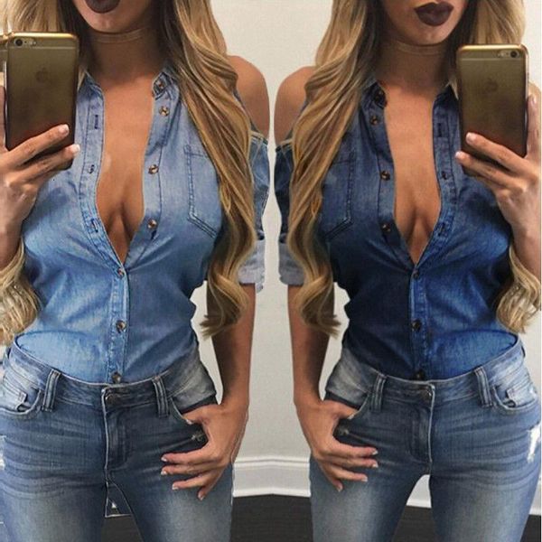 

hirigin women casual soft denim shirts sleeveless button slim pop blouse street show clothes, White