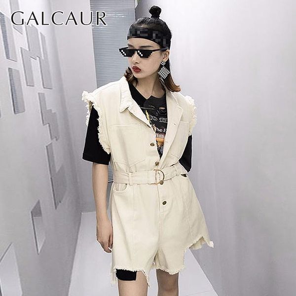 

women's jumpsuits & rompers galcaur casual denim playsuits female sleeveless sashes high waist irregular mini trousers for women 2021 s, Black;white