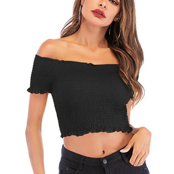 

women's tanks & camis summer crop women fashion slim fit solid color t shirt off the shoulder short-sleeved ruffles pleated t-shir, White