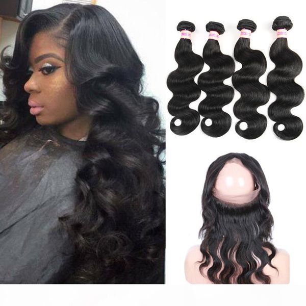 

360 lace frontal peruvian indian malaysian brazilian virgin hair with closure body wave human hair weave 360 lace closure with bundle, Black