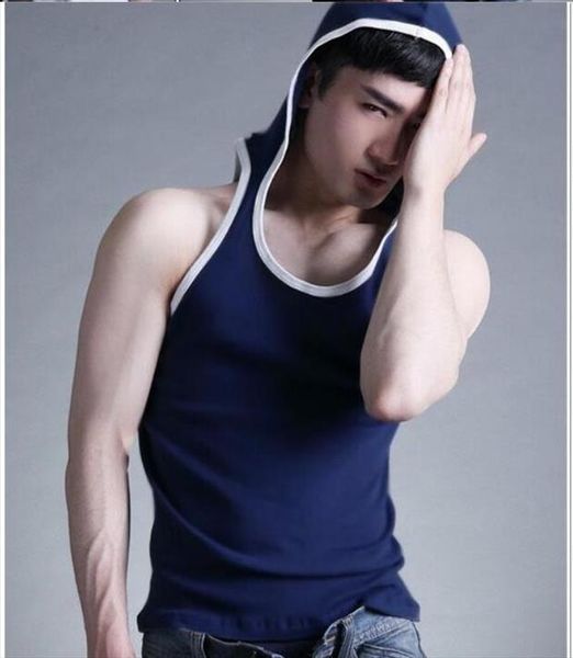 

men tank mens cotton tanks with a hood male tees casual, White;black