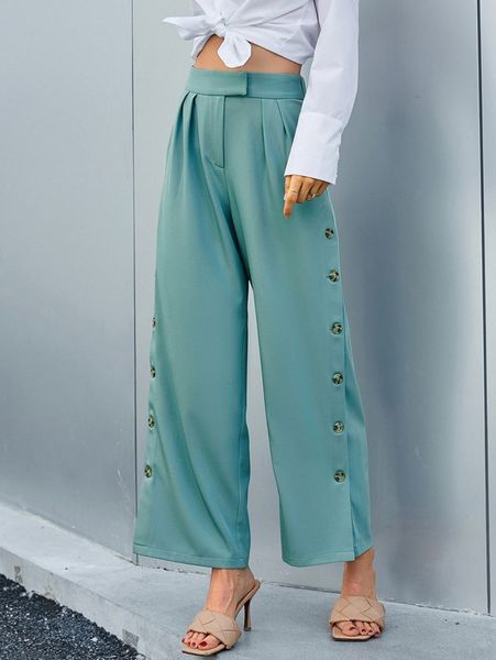 

sollinarry high waist button side plicated detail wide leg pants p1qp#, Black;white