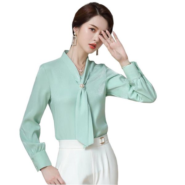 

women's blouses & shirts office ladies work wear apricot pink white green blouse women girl s-5xl bow collar formal solid