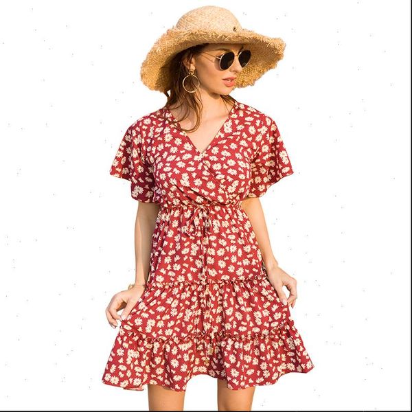 

summer chiffon casual dress 2021 boho beach dress fashion short sleeve v neck flower a line party dresses sundress vestidos, Black;gray