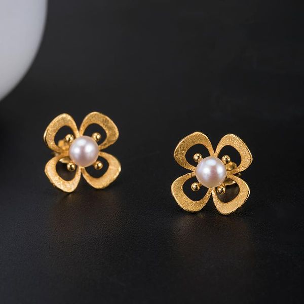 

stud vla 925 sterling silver personalized korean style inlaid pearl earrings women's creative hollow out design flower, Golden;silver