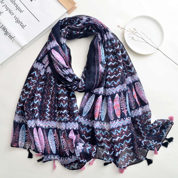 

2021 new spring summer bohemian cotton hemp hand tassel silk scarf geometric feather print beach towel, Blue;black
