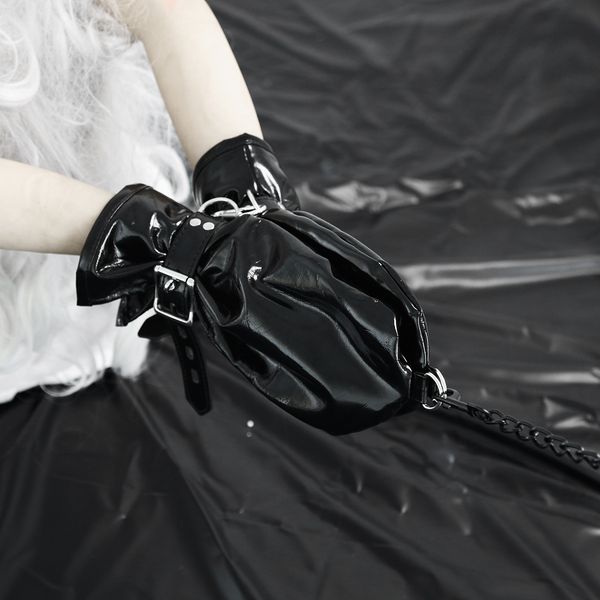

exotic appeal of black soft faux leather fist gloves with locks restraint and chain for men women role play sexyy fetish costumes