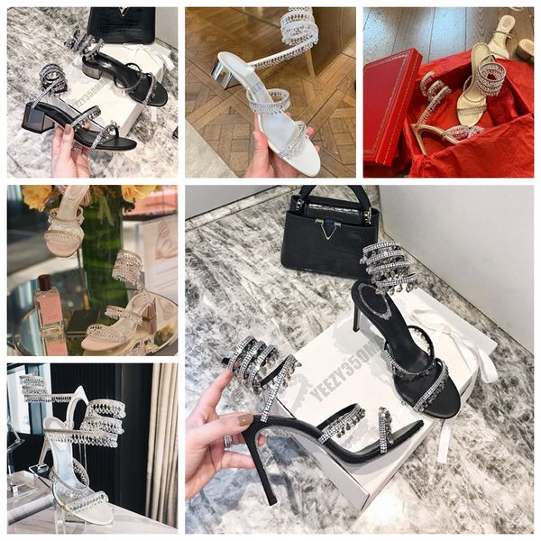 

2021 rhinestone sandals serpentine high heel diamond crystal cleo embellished metallic satin leather snakelike twining sandal women summer t, Black
